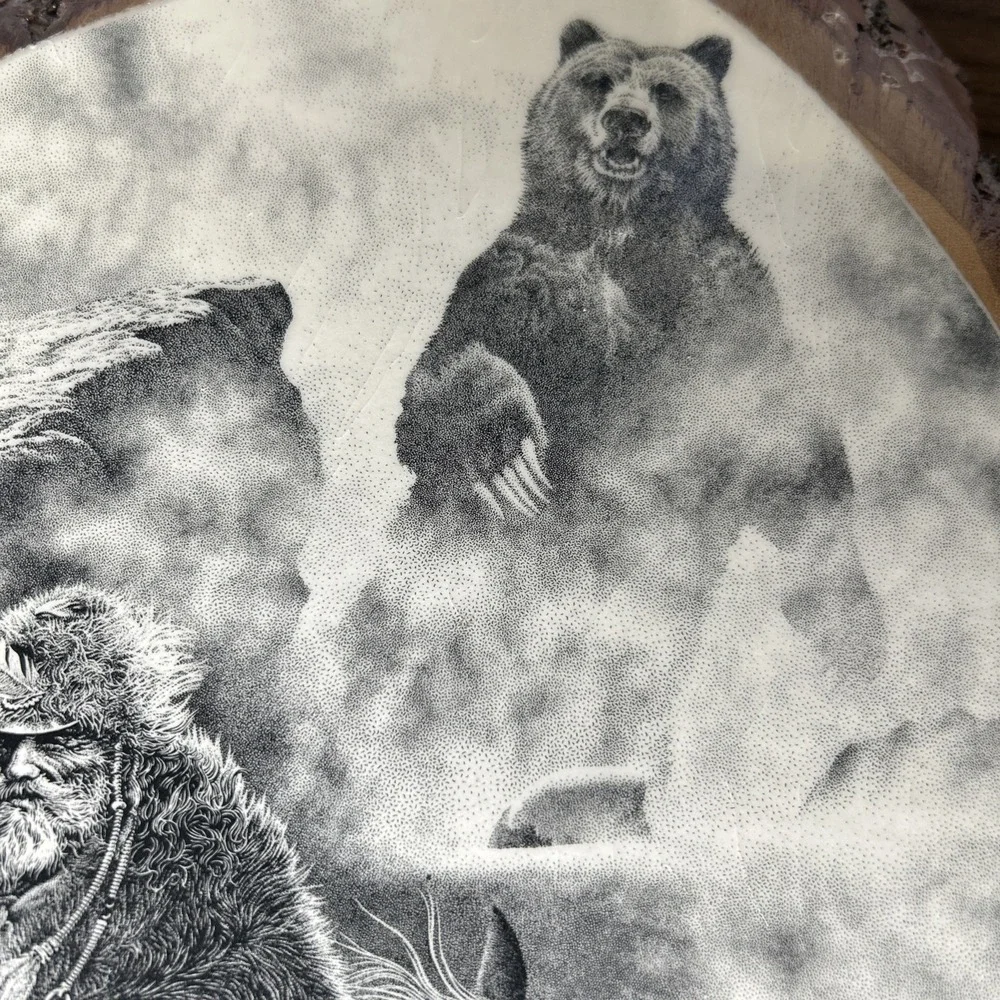 Vtg Mountain Man Grizzly Yellowstone National Park Pine Wood Slice Wall Plaque